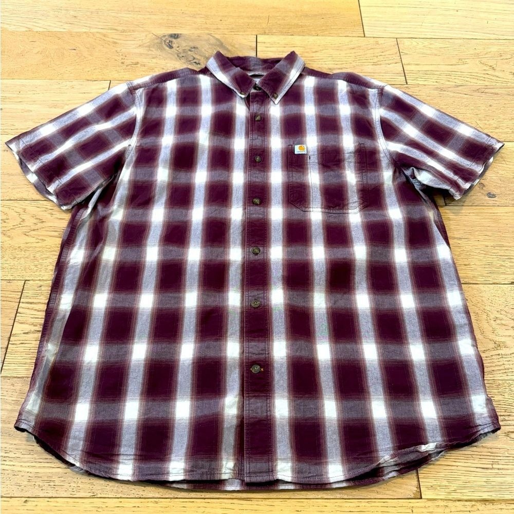 Carhartt Relaxed Fit Plaid Short Sleeve Button Down Shirt Burgundy XL (1144)‎